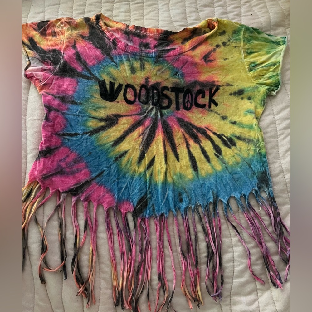 Girl’s Tie Dye 100% Cotton Woodstock Short Sleeve Fringed T Shirt Size 5/6